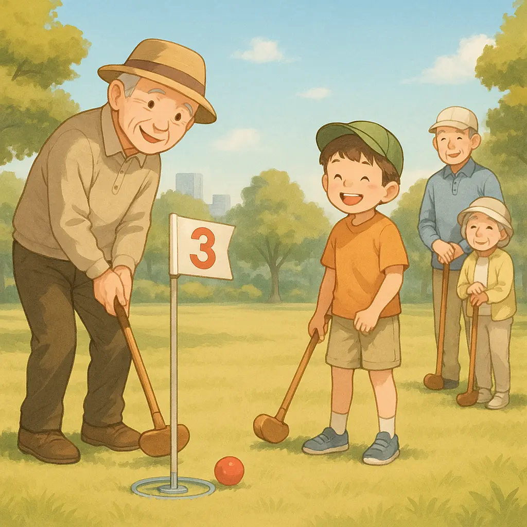 地域の公園でグラウンドゴルフを楽しむ高齢者と子どもたち。子どもは自然な笑顔でプレーしているデジタルイラスト