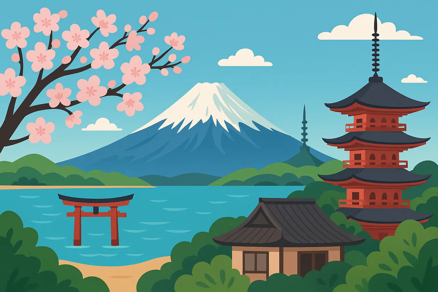 人生で一度は行きたい国内観光地をイメージした日本の風景イラスト